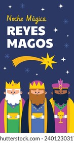 Los Reyes Magos ( Translation - Three Wise Men ). Happy epiphany day. January 6. Nativity of Jesus. Cartoon Vector illustration Template design for Poster, Banner, Flyer, Greeting, Card, Cover, Post.