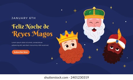 Los Reyes Magos ( Translation - Three Wise Men ). Happy epiphany day. January 6. Nativity of Jesus. Cartoon Vector illustration Template design for Poster, Banner, Flyer, Greeting, Card, Cover, Post.