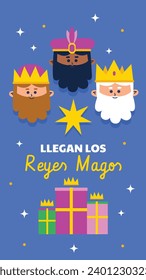 Los Reyes Magos ( Translation - Three Wise Men ). Happy epiphany day. January 6. Nativity of Jesus. Cartoon Vector illustration Template design for Poster, Banner, Flyer, Greeting, Card, Cover, Post.