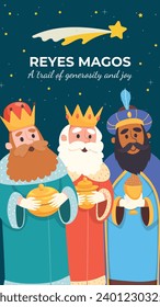 Los Reyes Magos ( Translation - Three Wise Men ). Happy epiphany day. January 6. Nativity of Jesus. Cartoon Vector illustration Template design for Poster, Banner, Flyer, Greeting, Card, Cover, Post.