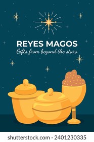 Los Reyes Magos ( Translation - Three Wise Men ). Happy epiphany day. January 6. Nativity of Jesus. Cartoon Vector illustration Template design for Poster, Banner, Flyer, Greeting, Card, Cover, Post.