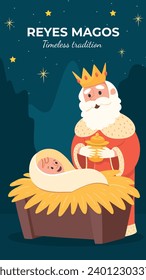 Los Reyes Magos. Feliz día de la epifanía. 6 de enero. Natividad de Jesús. Ilustración de vectores de caricatura Diseño de plantilla para afiches, pancartas, volantes, saludo, tarjeta, cubierta, publicación.