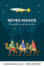 Los Reyes Magos ( Translation - Three Wise Men ). Happy epiphany day. January 6. Nativity of Jesus. Cartoon Vector illustration Template design for Poster, Banner, Flyer, Greeting, Card, Cover, Post.