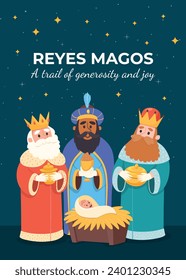 Los Reyes Magos ( Translation - Three Wise Men ). Happy epiphany day. January 6. Nativity of Jesus. Cartoon Vector illustration Template design for Poster, Banner, Flyer, Greeting, Card, Cover, Post.