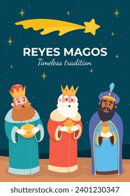 Los Reyes Magos ( Translation - Three Wise Men ). Happy epiphany day. January 6. Nativity of Jesus. Cartoon Vector illustration Template design for Poster, Banner, Flyer, Greeting, Card, Cover, Post.