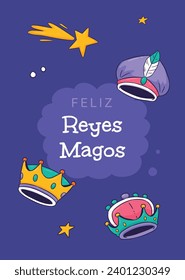 Los Reyes Magos ( Translation - Three Wise Men ). Happy epiphany day. January 6. Nativity of Jesus. Cartoon Vector illustration Template design for Poster, Banner, Flyer, Greeting, Card, Cover, Post.