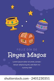 Los Reyes Magos ( Translation - Three Wise Men ). Happy epiphany day. January 6. Nativity of Jesus. Cartoon Vector illustration Template design for Poster, Banner, Flyer, Greeting, Card, Cover, Post.