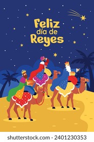 Los Reyes Magos ( Translation - Three Wise Men ). Happy epiphany day. January 6. Nativity of Jesus. Cartoon Vector illustration Template design for Poster, Banner, Flyer, Greeting, Card, Cover, Post.