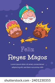 Los Reyes Magos ( Translation - Three Wise Men ). Happy epiphany day. January 6. Nativity of Jesus. Cartoon Vector illustration Template design for Poster, Banner, Flyer, Greeting, Card, Cover, Post.