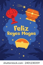 Los Reyes Magos ( Translation - Three Wise Men ). Happy epiphany day. January 6. Nativity of Jesus. Cartoon Vector illustration Template design for Poster, Banner, Flyer, Greeting, Card, Cover, Post.