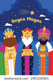 Los Reyes Magos ( Translation - Three Wise Men ). Happy epiphany day. January 6. Nativity of Jesus. Cartoon Vector illustration Template design for Poster, Banner, Flyer, Greeting, Card, Cover, Post.