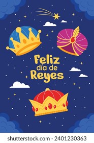 Los Reyes Magos ( Translation - Three Wise Men ). Happy epiphany day. January 6. Nativity of Jesus. Cartoon Vector illustration Template design for Poster, Banner, Flyer, Greeting, Card, Cover, Post.