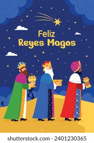 Los Reyes Magos. Feliz día de la epifanía. 6 de enero. Natividad de Jesús. Ilustración de vectores de caricatura Diseño de plantilla para afiches, pancartas, volantes, saludo, tarjeta, cubierta, publicación.