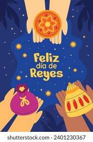 Los Reyes Magos ( Translation - Three Wise Men ). Happy epiphany day. January 6. Nativity of Jesus. Cartoon Vector illustration Template design for Poster, Banner, Flyer, Greeting, Card, Cover, Post.