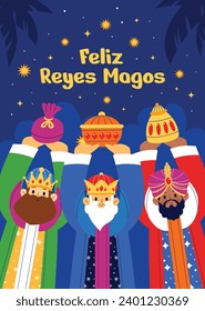 Los Reyes Magos ( Translation - Three Wise Men ). Happy epiphany day. January 6. Nativity of Jesus. Cartoon Vector illustration Template design for Poster, Banner, Flyer, Greeting, Card, Cover, Post.