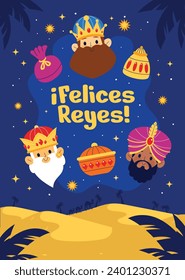 Los Reyes Magos ( Translation - Three Wise Men ). Happy epiphany day. January 6. Nativity of Jesus. Cartoon Vector illustration Template design for Poster, Banner, Flyer, Greeting, Card, Cover, Post.