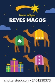 Los Reyes Magos ( Translation - Three Wise Men ). Happy epiphany day. January 6. Nativity of Jesus. Cartoon Vector illustration Template design for Poster, Banner, Flyer, Greeting, Card, Cover, Post.