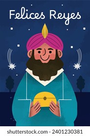 Los Reyes Magos ( Translation - Three Wise Men ). Happy epiphany day. January 6. Nativity of Jesus. Cartoon Vector illustration Template design for Poster, Banner, Flyer, Greeting, Card, Cover, Post.