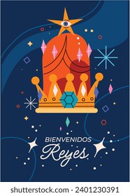 Los Reyes Magos ( Translation - Three Wise Men ). Happy epiphany day. January 6. Nativity of Jesus. Cartoon Vector illustration Template design for Poster, Banner, Flyer, Greeting, Card, Cover, Post.