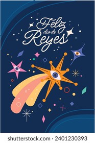 Los Reyes Magos ( Translation - Three Wise Men ). Happy epiphany day. January 6. Nativity of Jesus. Cartoon Vector illustration Template design for Poster, Banner, Flyer, Greeting, Card, Cover, Post.