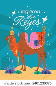 Los Reyes Magos ( Translation - Three Wise Men ). Happy epiphany day. January 6. Nativity of Jesus. Cartoon Vector illustration Template design for Poster, Banner, Flyer, Greeting, Card, Cover, Post.