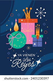 Los Reyes Magos ( Translation - Three Wise Men ). Happy epiphany day. January 6. Nativity of Jesus. Cartoon Vector illustration Template design for Poster, Banner, Flyer, Greeting, Card, Cover, Post.