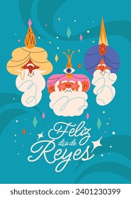 Los Reyes Magos ( Translation - Three Wise Men ). Happy epiphany day. January 6. Nativity of Jesus. Cartoon Vector illustration Template design for Poster, Banner, Flyer, Greeting, Card, Cover, Post.