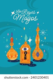 Los Reyes Magos ( Translation - Three Wise Men ). Happy epiphany day. January 6. Nativity of Jesus. Cartoon Vector illustration Template design for Poster, Banner, Flyer, Greeting, Card, Cover, Post.