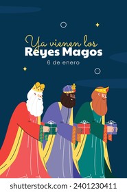 Los Reyes Magos ( Translation - Three Wise Men ). Happy epiphany day. January 6. Nativity of Jesus. Cartoon Vector illustration Template design for Poster, Banner, Flyer, Greeting, Card, Cover, Post.