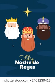 Los Reyes Magos ( Translation - Three Wise Men ). Happy epiphany day. January 6. Nativity of Jesus. Cartoon Vector illustration Template design for Poster, Banner, Flyer, Greeting, Card, Cover, Post.