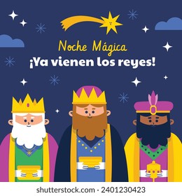 Los Reyes Magos ( Translation - Three Wise Men ). Happy epiphany day. January 6. Nativity of Jesus. Cartoon Vector illustration Template design for Poster, Banner, Flyer, Greeting, Card, Cover, Post.