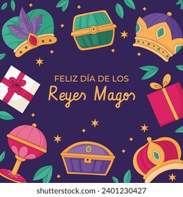 Los Reyes Magos ( Translation - Three Wise Men ). Happy epiphany day. January 6. Nativity of Jesus. Cartoon Vector illustration Template design for Poster, Banner, Flyer, Greeting, Card, Cover, Post.