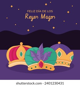 Los Reyes Magos ( Translation - Three Wise Men ). Happy epiphany day. January 6. Nativity of Jesus. Cartoon Vector illustration Template design for Poster, Banner, Flyer, Greeting, Card, Cover, Post.