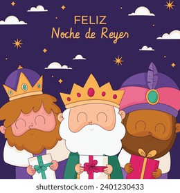 Los Reyes Magos ( Translation - Three Wise Men ). Happy epiphany day. January 6. Nativity of Jesus. Cartoon Vector illustration Template design for Poster, Banner, Flyer, Greeting, Card, Cover, Post.