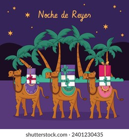 Los Reyes Magos ( Translation - Three Wise Men ). Happy epiphany day. January 6. Nativity of Jesus. Cartoon Vector illustration Template design for Poster, Banner, Flyer, Greeting, Card, Cover, Post.