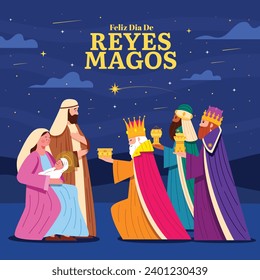 Los Reyes Magos ( Translation - Three Wise Men ). Happy epiphany day. January 6. Nativity of Jesus. Cartoon Vector illustration Template design for Poster, Banner, Flyer, Greeting, Card, Cover, Post.