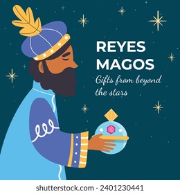 Los Reyes Magos ( Translation - Three Wise Men ). Happy epiphany day. January 6. Nativity of Jesus. Cartoon Vector illustration Template design for Poster, Banner, Flyer, Greeting, Card, Cover, Post.