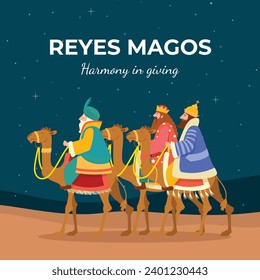 Los Reyes Magos ( Translation - Three Wise Men ). Happy epiphany day. January 6. Nativity of Jesus. Cartoon Vector illustration Template design for Poster, Banner, Flyer, Greeting, Card, Cover, Post.