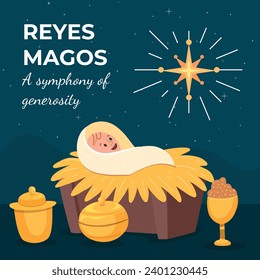 Los Reyes Magos ( Translation - Three Wise Men ). Happy epiphany day. January 6. Nativity of Jesus. Cartoon Vector illustration Template design for Poster, Banner, Flyer, Greeting, Card, Cover, Post.