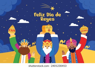 Los Reyes Magos ( Translation - Three Wise Men ). Happy epiphany day. January 6. Nativity of Jesus. Cartoon Vector illustration Template design for Poster, Banner, Flyer, Greeting, Card, Cover, Post.