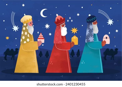 Los Reyes Magos ( Translation - Three Wise Men ). Happy epiphany day. January 6. Nativity of Jesus. Cartoon Vector illustration Template design for Poster, Banner, Flyer, Greeting, Card, Cover, Post.