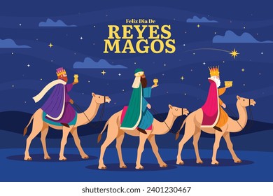 Los Reyes Magos ( Translation - Three Wise Men ). Happy epiphany day. January 6. Nativity of Jesus. Cartoon Vector illustration Template design for Poster, Banner, Flyer, Greeting, Card, Cover, Post.