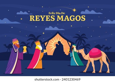 Los Reyes Magos ( Translation - Three Wise Men ). Happy epiphany day. January 6. Nativity of Jesus. Cartoon Vector illustration Template design for Poster, Banner, Flyer, Greeting, Card, Cover, Post.