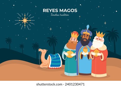 Los Reyes Magos ( Translation - Three Wise Men ). Happy epiphany day. January 6. Nativity of Jesus. Cartoon Vector illustration Template design for Poster, Banner, Flyer, Greeting, Card, Cover, Post.