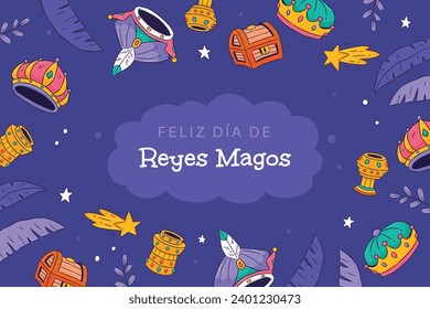 Los Reyes Magos ( Translation - Three Wise Men ). Happy epiphany day. January 6. Nativity of Jesus. Cartoon Vector illustration Template design for Poster, Banner, Flyer, Greeting, Card, Cover, Post.