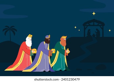 Los Reyes Magos ( Translation - Three Wise Men ). Happy epiphany day. January 6. Nativity of Jesus. Cartoon Vector illustration Template design for Poster, Banner, Flyer, Greeting, Card, Cover, Post.