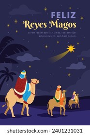 Los Reyes Magos ( Translation - Three Wise Men ). Happy epiphany day. January 6. Nativity of Jesus. Cartoon Vector illustration Template design for Poster, Banner, Flyer, Greeting, Card, Cover, Post.