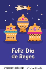 Los Reyes Magos ( Translation - Three Wise Men ). Happy epiphany day. January 6. Nativity of Jesus. Cartoon Vector illustration Template design for Poster, Banner, Flyer, Greeting, Card, Cover, Post.