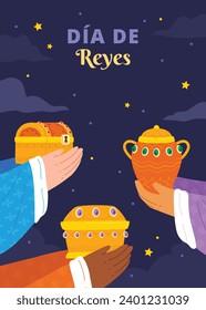 Los Reyes Magos ( Translation - Three Wise Men ). Happy epiphany day. January 6. Nativity of Jesus. Cartoon Vector illustration Template design for Poster, Banner, Flyer, Greeting, Card, Cover, Post.