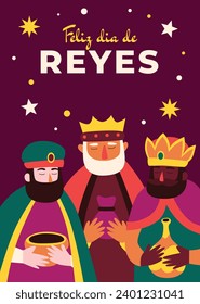 Los Reyes Magos ( Translation - Three Wise Men ). Happy epiphany day. January 6. Nativity of Jesus. Cartoon Vector illustration Template design for Poster, Banner, Flyer, Greeting, Card, Cover, Post.